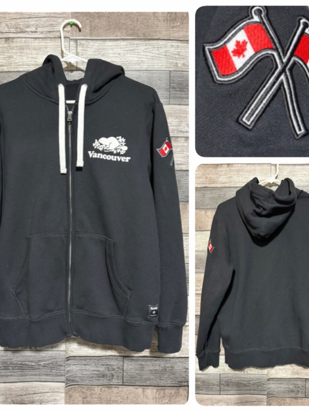 Roots Canada Vancouver Full Zip Hoodie Men’s M Black Embroidered Flag READ